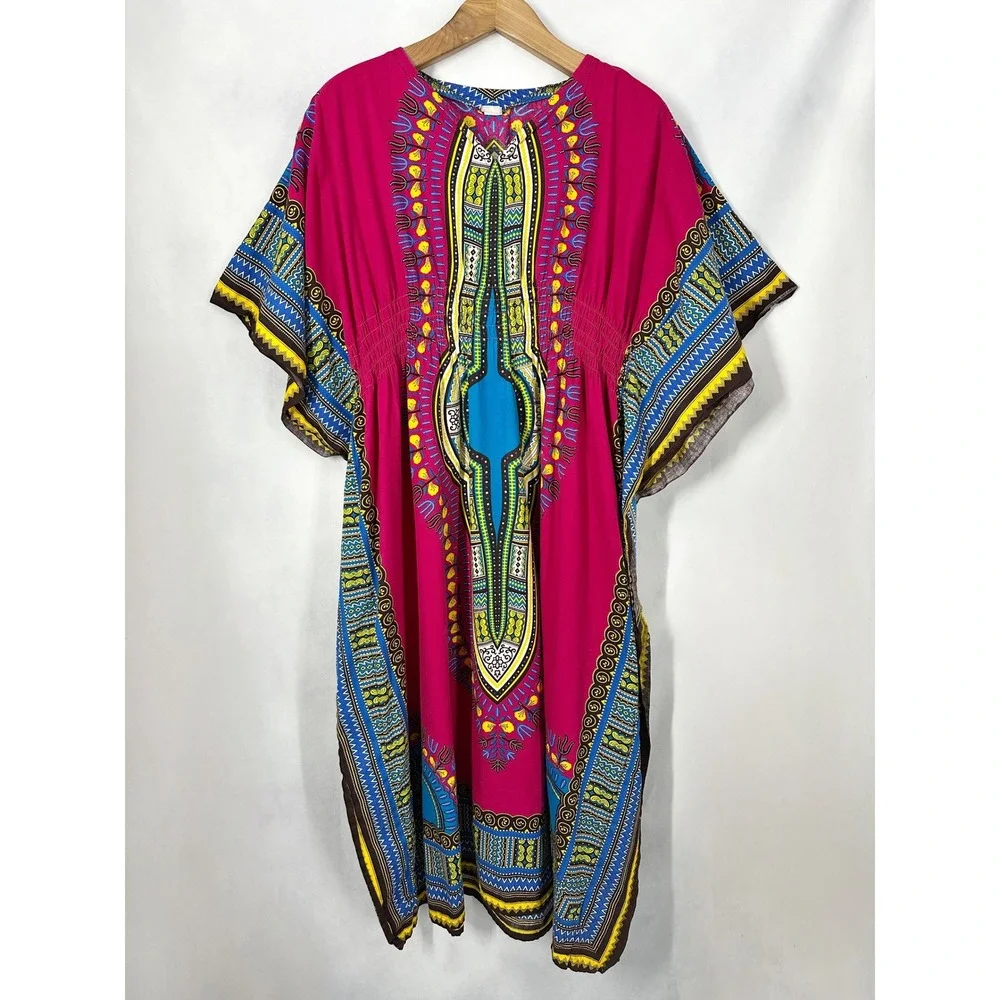 pink dashiki dress African Dashiki Dress - Women's Boho Ruffle Short Dress with Pockets Dashiki